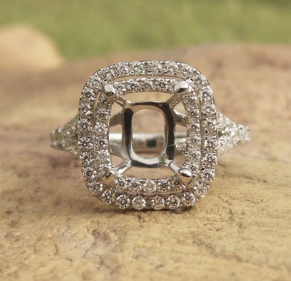 14K White Gold Diamond Double Halo Semi Mount Ring: 6x7mm Cushion Cut