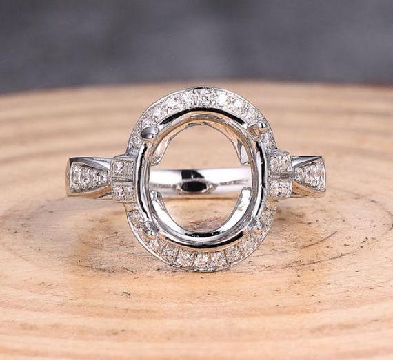 14K White Gold Diamond Semi Mount Ring: Oval 8x10MM Engagement Ring