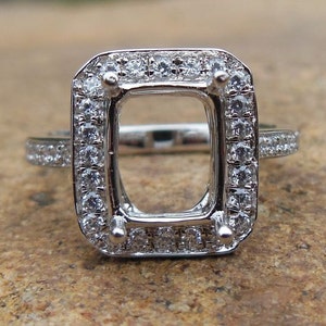 Solid 14K White Gold Emerald Cut  6x8MM Semi Mount Ring,  Diamond Ring, Halo Ring, Engagement Ring, Promise Ring