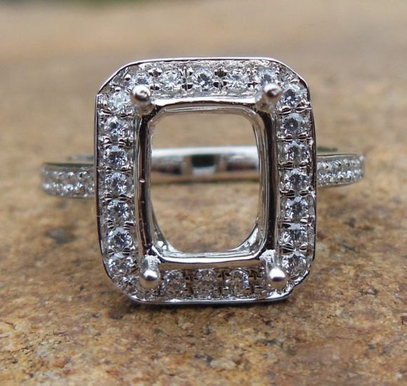 14K White Gold Diamond Halo Ring - Emerald Cut Semi Mount
