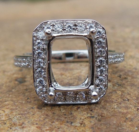 14K White Gold Diamond Halo Ring - Emerald Cut Semi Mount