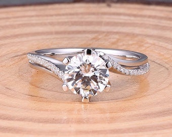 6 Prong Ring, Solid 14K White Gold 6.5MM Round Shape Fashion Semi Mount Ring / Diamond Ring / Engagement Ring