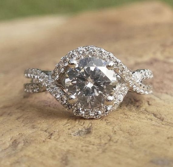14K White Gold Diamond Pave Engagement Ring: Twisted Band