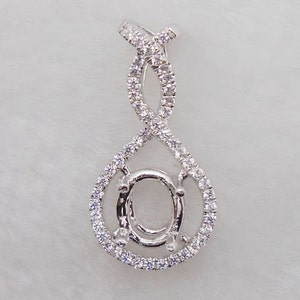 Solid 14K White Gold Oval Shape 6X8MM Semi Mount Pendant, Pendant Setting