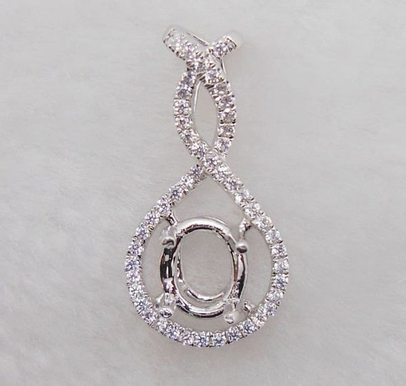 Solid 14K White Gold Oval Shape 6X8MM Semi Mount Pendant, Pendant Setting