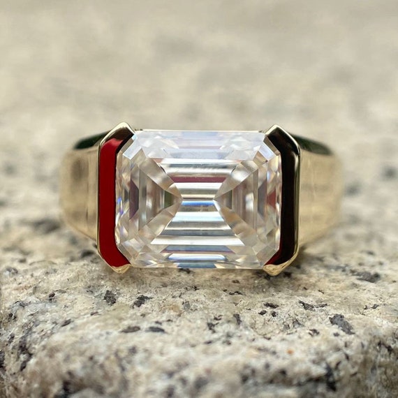 5 Carat Emerald Cut Lab Diamond Ring, 14K Yellow Gold Emerald Cut  Men's Ring
