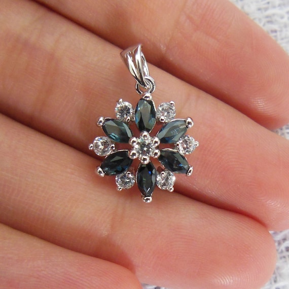 Solid 14K White Gold Pendant, Dark Blue Sapphire Marquises Pendant，Necklace for Her
