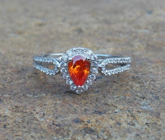14K White Gold Partschinite Pear Ring with Natural Diamonds