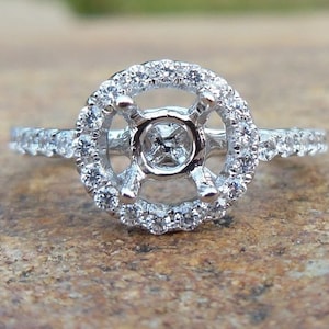 14K White Gold Diamond Halo Semi Mount Ring - 4mm Round