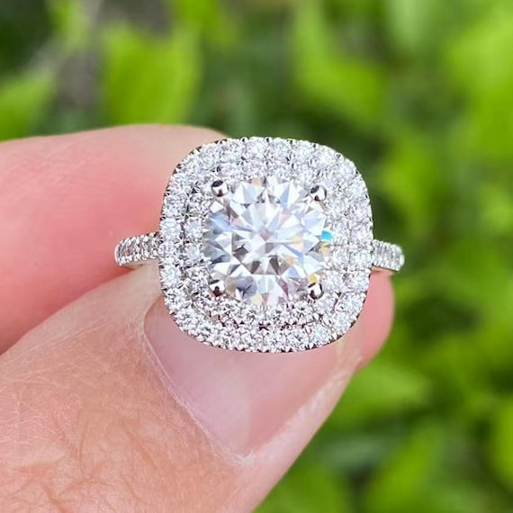1.5 Carat Lab Grown Diamond Engagement Ring: 14K White Gold Double Halo
