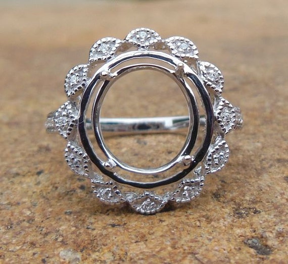 14K White Gold Diamond Semi Mount Ring - Fits 9x11mm Oval