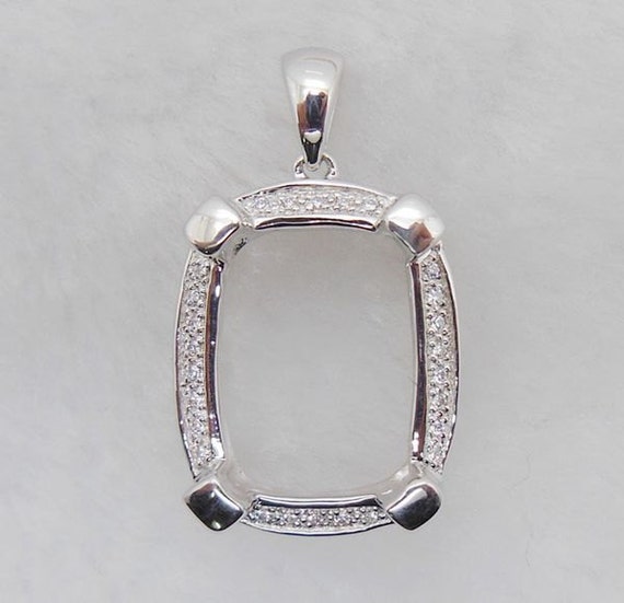 Solid 14K White Gold Cushion Cut Shape 12x16MM Semi Mount Pendant