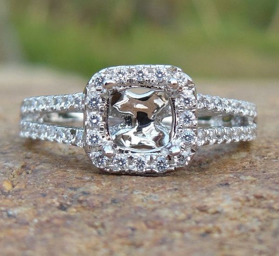 14K White Gold Diamond Semi Mount Ring: Cushion Cut Engagement Ring