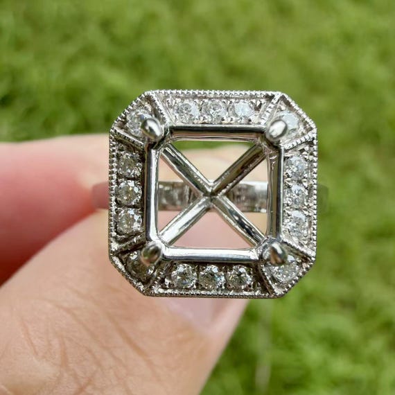 Dainty 14K Gold Diamond Halo Ring: Princess Cut Engagement Ring, Semi Mount Ring