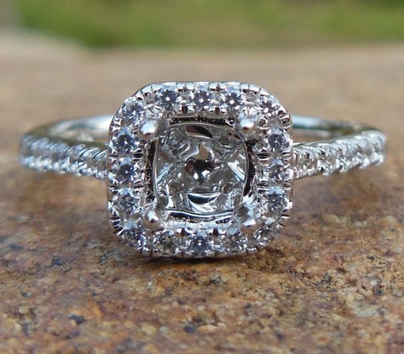 14K White Gold Cushion Cut Halo Ring Setting: Diamond Accent Semi Mount