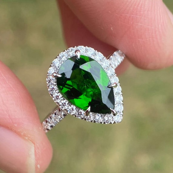 Chrome Diopside Engagement Ring: Pear Halo Diamond, 14K White Gold
