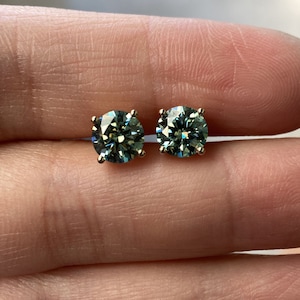 2 Carat Togther Round Green Moissanite Earrings, 14K Gold Stud Earrings, Gift for Her