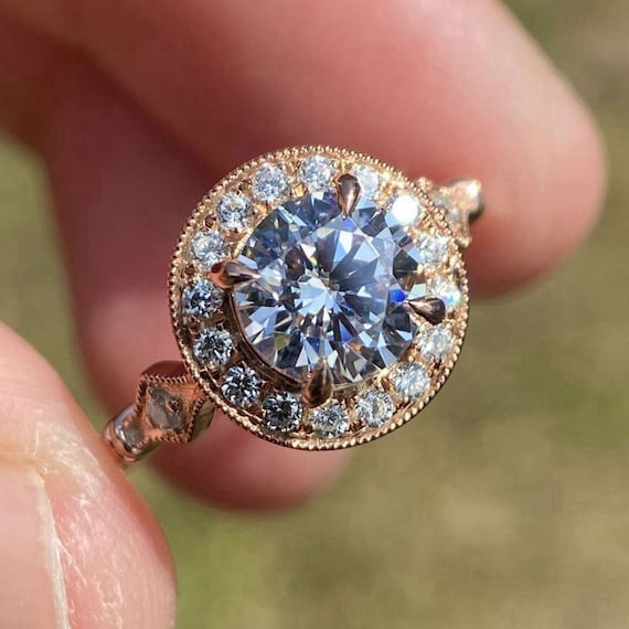14K Rose Gold Diamond Halo Engagement Ring: 6.5mm Round Semi Mount