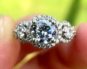 14K White Gold Three Stone Diamond Halo Engagement Ring