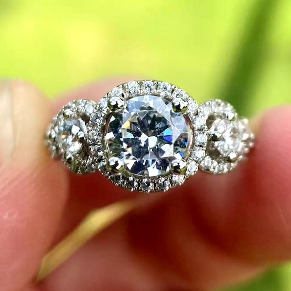 14K White Gold Three Stone Diamond Halo Engagement Ring