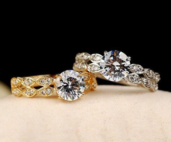 14k Gold Diamond Engagement Ring: Boho Pave Band, 4 Prong Setting