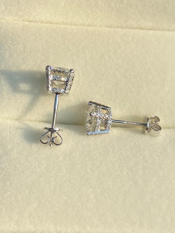 2 Carat Round Lab Grown Diamond Earrings, 14K White Gold Screw Back