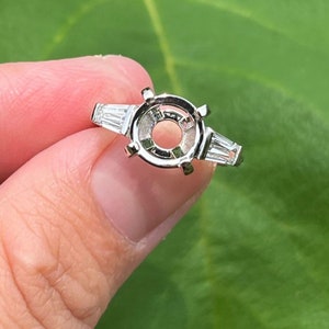14K White Gold Baguette Engagement Ring Semi Mount: Three Stone Setting