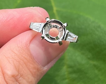 14K White Gold Baguette Engagement Ring Semi Mount: Three Stone Setting