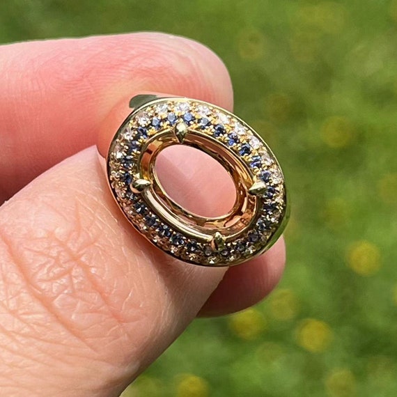 14K Yellow Gold Oval Semi Mount Ring: Diamond & Sapphire Double Halo