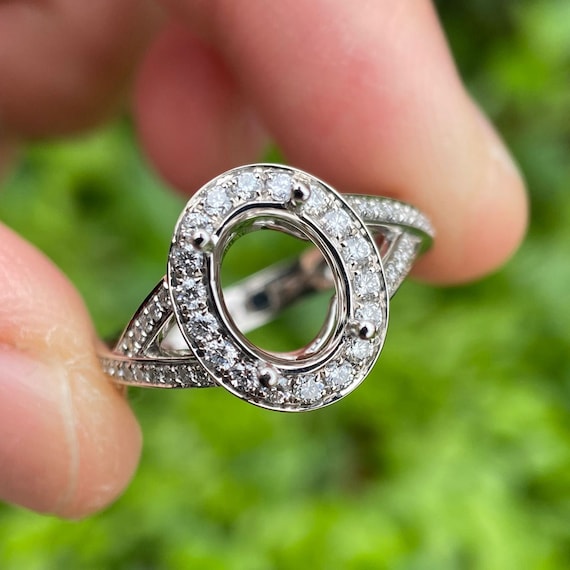 14k Gold Oval Halo Diamond Ring: Half Eternity Engagement Semi Mount