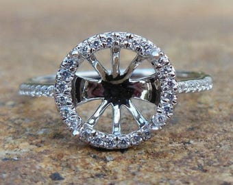 14K White Gold Diamond Halo Ring Setting - 8mm Round