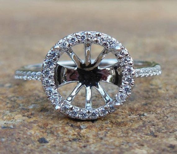 14K White Gold Diamond Halo Ring Setting - 8mm Round