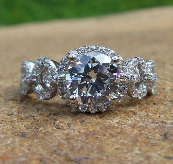 14K White Gold Diamond Engagement Ring: 0.30 Carat Side Stones