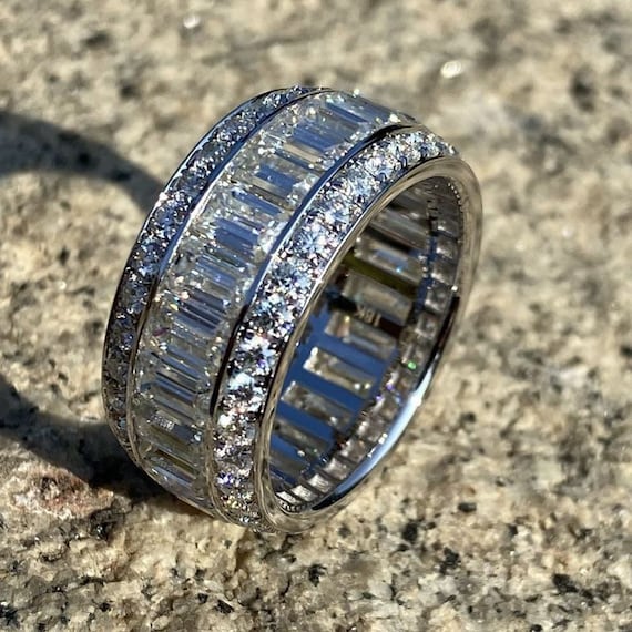 Lab Grown Diamond Men's Band: 14K White Gold Ring, Emerald & Round Cut