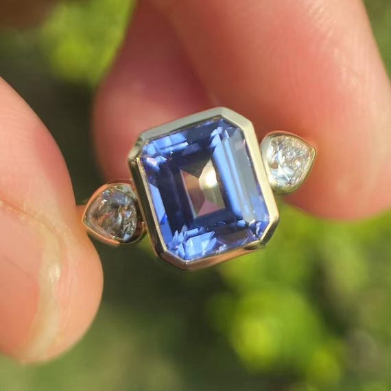 14K Gold Lab Grown Sapphire Ring: Emerald Cut Three Stone Diamond Ring