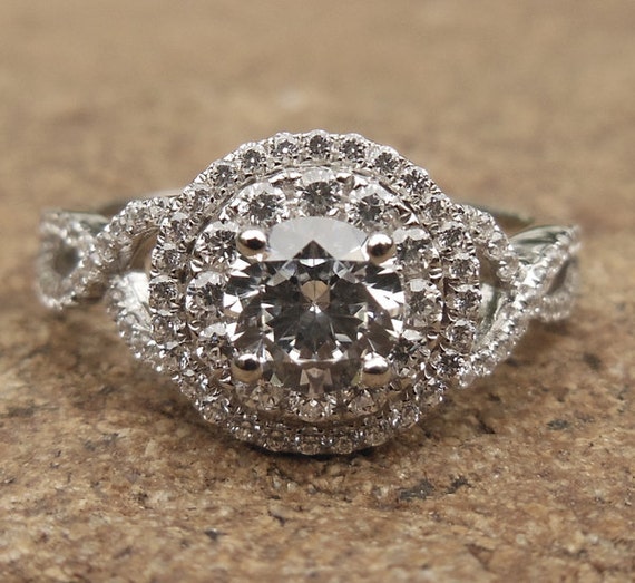 Diamond Halo Engagement Ring: 14K White Gold Twisted Shank, 5MM Round