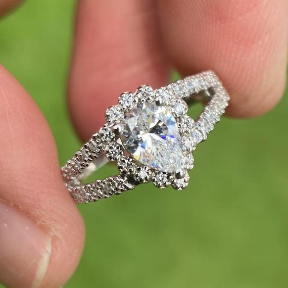 1 Carat Lab Grown Pear Diamond Engagement Ring: 14k White Gold, Split Shank
