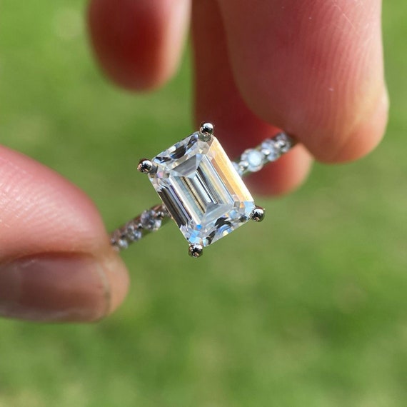 2Ct Emerald Cut Moissanite Engagement Ring: 14K White Gold