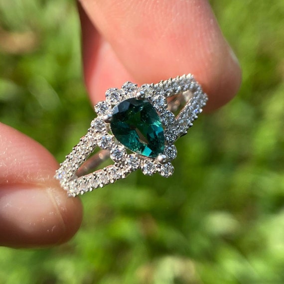 Pear Green Tourmaline Ring: Diamond Halo, 14K White Gold Engagement Ring
