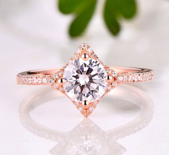 14k Gold Diamond Halo Engagement Ring: 6.5MM Round Semi Mount
