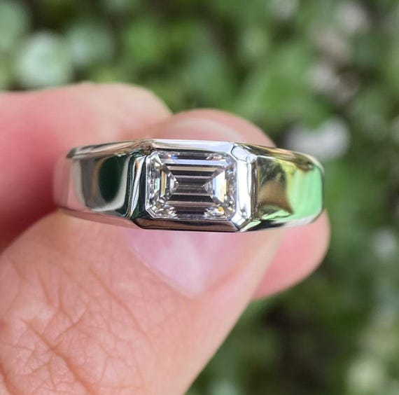 Emerald Cut Lab Grown Diamond Ring - 14K White Gold Mens Band
