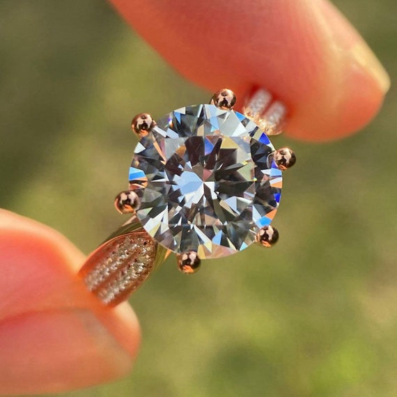 14K Rose Gold 9mm Round Moissanite Halo Ring - 6 Prong Semi Mount
