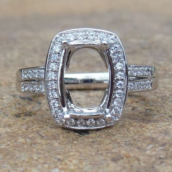 14K White Gold Diamond Halo Ring Setting: 7x10MM Cushion Cut Semi Mount