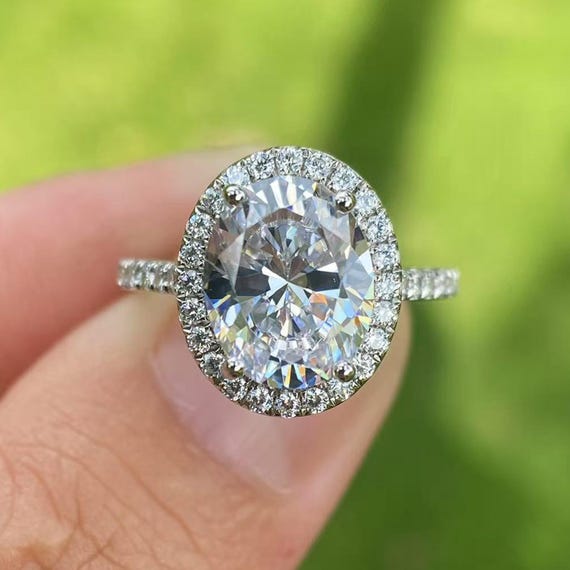 3 Carat Oval Lab Grown Diamond Engagement Ring: 14K White Gold Halo