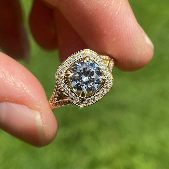 14K Yellow Gold Diamond Halo Engagement Ring Setting: 6.5mm Round