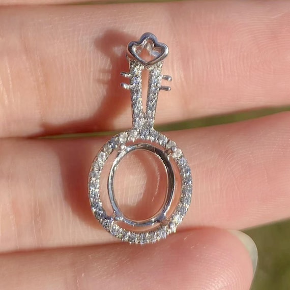 Solid 14K White Gold Oval Shape 7X10MM Fashion Semi Mount Pendant