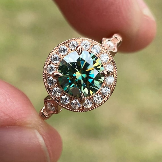 Green Moissanite Engagement Ring: 14K Rose Gold Halo Diamond Ring