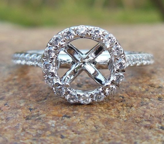 14K White Gold Diamond Halo Ring Setting: 6MM Round Semi Mount