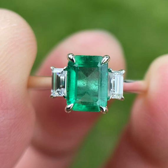 Emerald Engagement Ring, 14K White Gold, Natural Diamond Accents