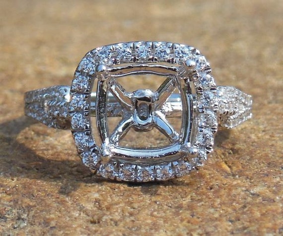 Cushion Cut 14K White Gold Diamond Halo Engagement Ring Setting
